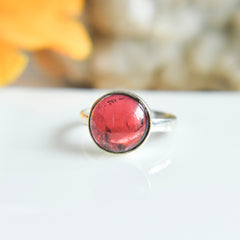 Natural Red Tourmaline Round Cabochon Ring – 925 Sterling Silver