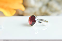 Natural Red Tourmaline Round Cabochon Ring – 925 Sterling Silver