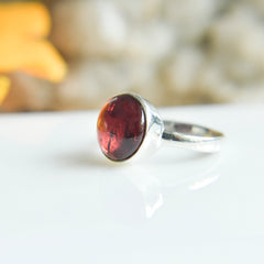Natural Red Tourmaline Round Cabochon Ring – 925 Sterling Silver