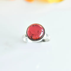 Natural Red Tourmaline Round Cabochon Ring – 925 Sterling Silver
