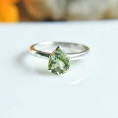 Natural Green Tourmaline Pear Cut Ring – 925 Sterling Silver