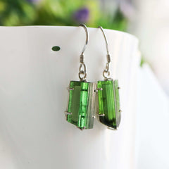925 Sterling Silver Green Tourmaline Pencil Earrings