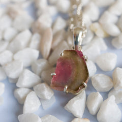 Pink Tourmaline Slice Pendant with Green Rim โ 925 Sterling Silver