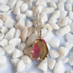 Pink Tourmaline Slice Pendant with Green Rim โ 925 Sterling Silver