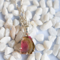 Pink Tourmaline Slice Pendant with Green Rim โ 925 Sterling Silver