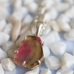 Pink Tourmaline Slice Pendant with Green Rim โ 925 Sterling Silver