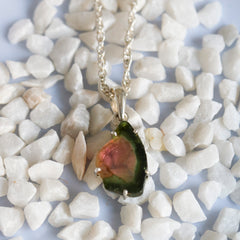 Watermelon Tourmaline Slice Pendant with Dark Green Border โ 925 Sterling Silver