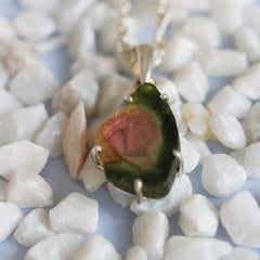 Watermelon Tourmaline Slice Pendant with Dark Green Border โ 925 Sterling Silver