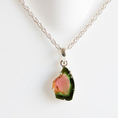Watermelon Tourmaline Slice Pendant with Dark Green Border โ 925 Sterling Silver