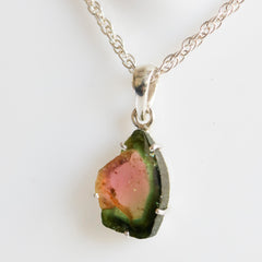 Watermelon Tourmaline Slice Pendant with Dark Green Border โ 925 Sterling Silver