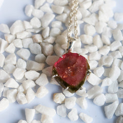 Pink Tourmaline Slice Pendant with Green Border โ 925 Sterling Silver