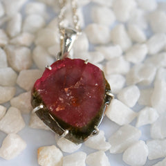 Pink Tourmaline Slice Pendant with Green Border โ 925 Sterling Silver