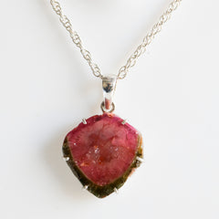 Pink Tourmaline Slice Pendant with Green Border โ 925 Sterling Silver