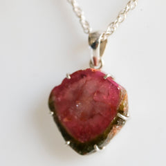 Pink Tourmaline Slice Pendant with Green Border โ 925 Sterling Silver