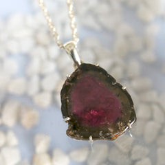 Large Black & Red Tourmaline Slice Pendant โ 925 Sterling Silver
