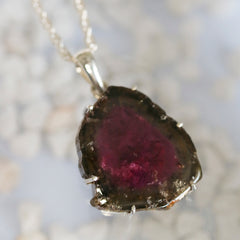 Large Black & Red Tourmaline Slice Pendant โ 925 Sterling Silver