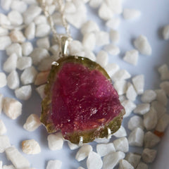 Large Pink & Green Watermelon Tourmaline Slice Pendant โ 925 Sterling Silver