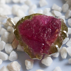 Large Pink & Green Watermelon Tourmaline Slice Pendant โ 925 Sterling Silver