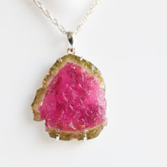 Large Pink & Green Watermelon Tourmaline Slice Pendant โ 925 Sterling Silver