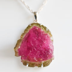 Large Pink & Green Watermelon Tourmaline Slice Pendant โ 925 Sterling Silver