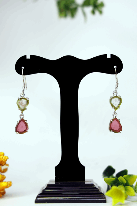 Exquisite Light Green & Red Tourmaline Drop Earrings