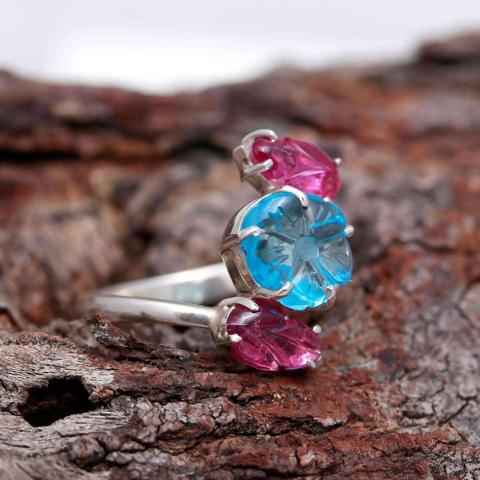 Blue Topaz Flower & Pink Tourmaline Leaves Ring – 925 Sterling Silver