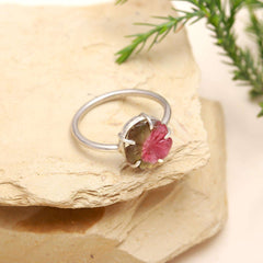 Carved Red & Green Tourmaline Flower Ring – 925 Sterling Silver