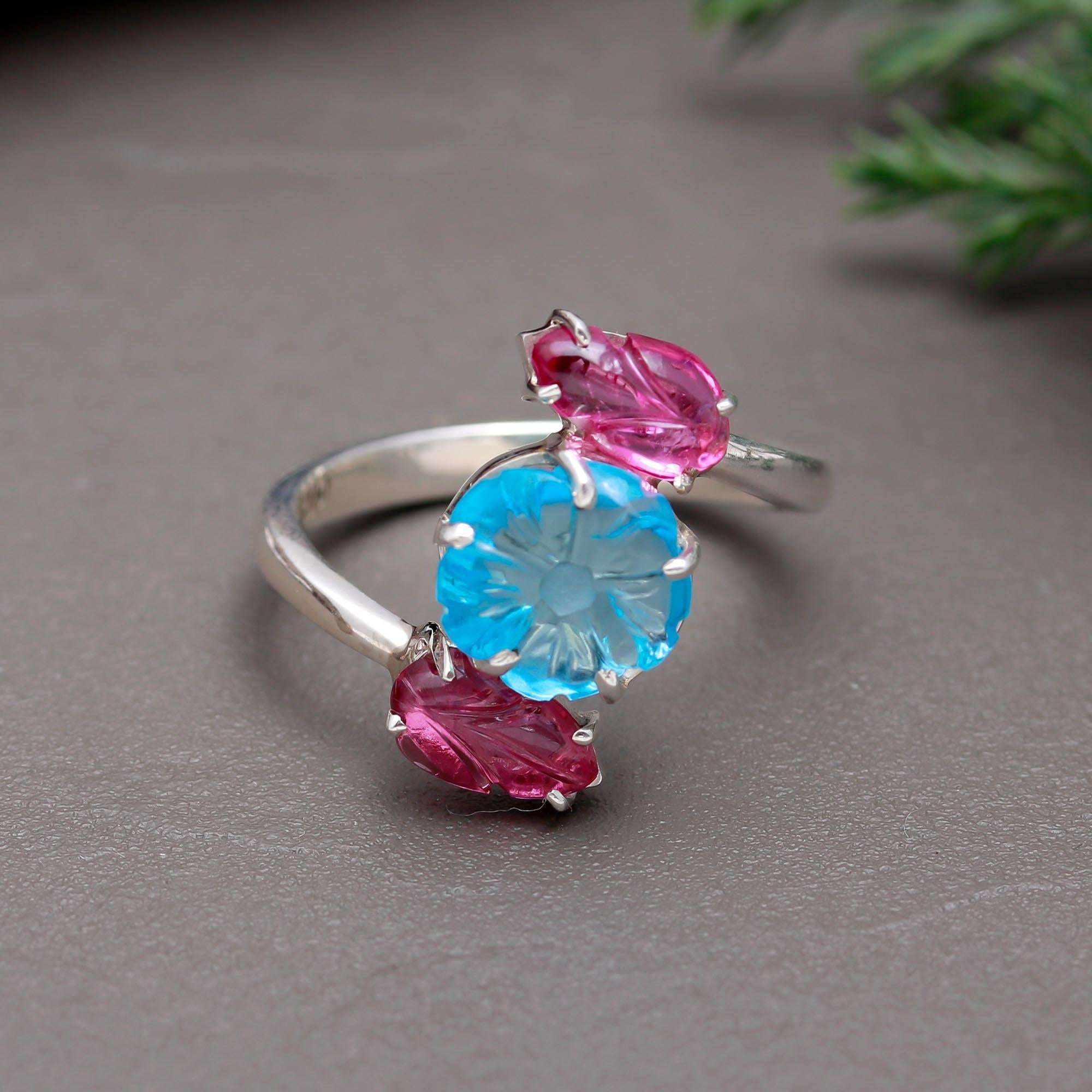 Blue Topaz Flower & Pink Tourmaline Leaves Ring – 925 Sterling Silver