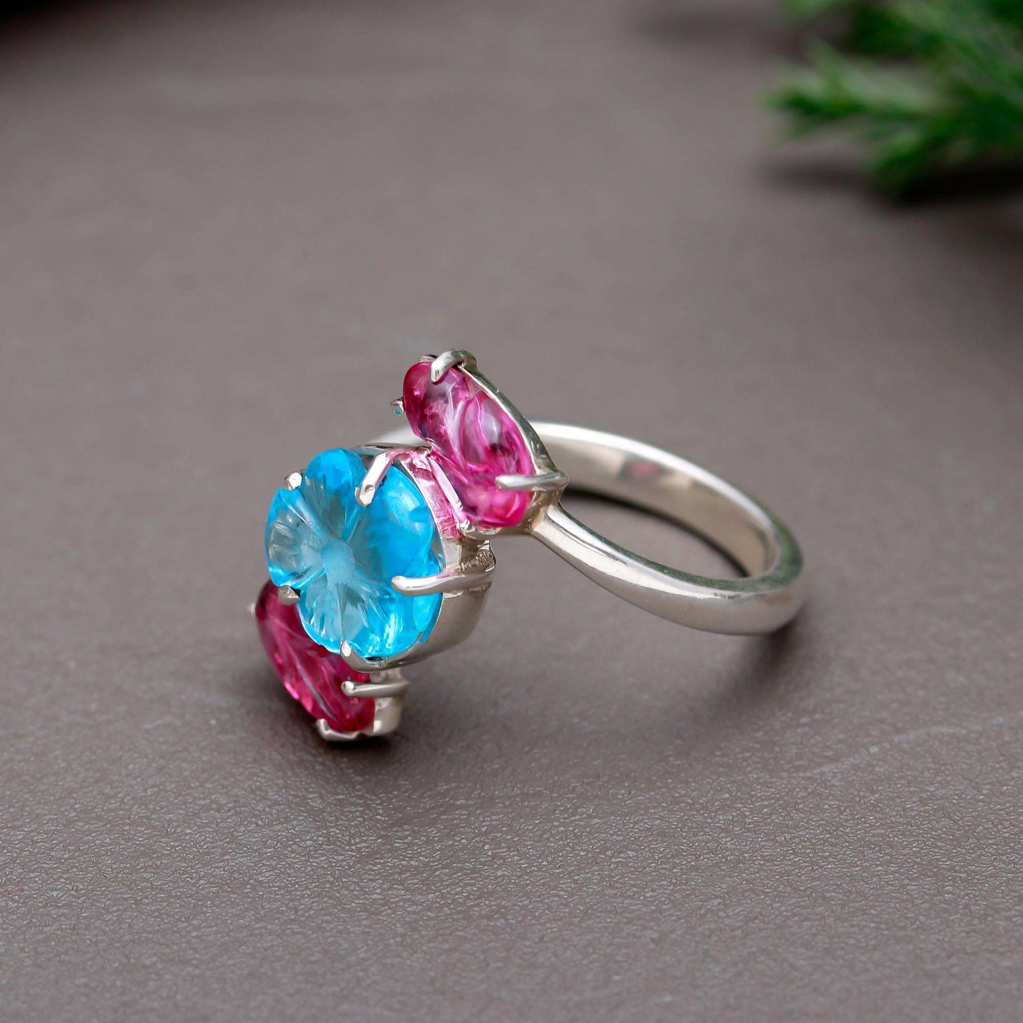 Blue Topaz Flower & Pink Tourmaline Leaves Ring – 925 Sterling Silver