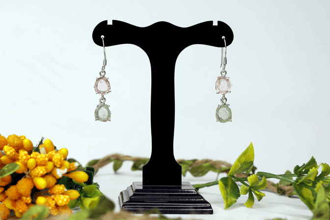 Elegant Light Pink & Green Tourmaline Dangle Earrings