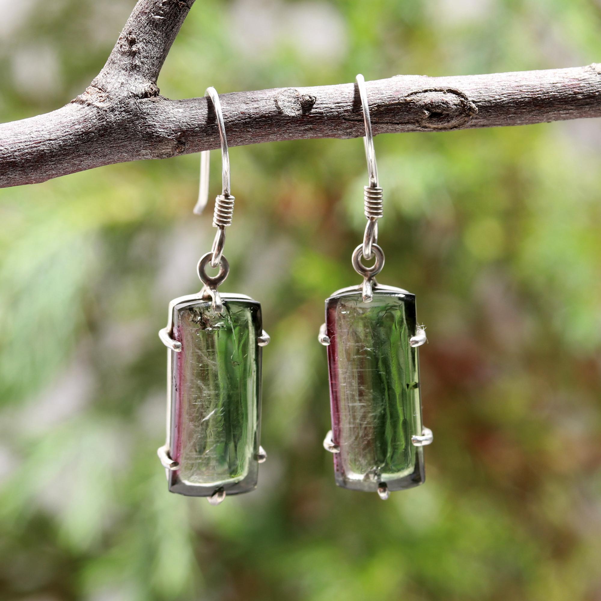 Long Bi-Color Tourmaline Earrings – 925 Sterling Silver