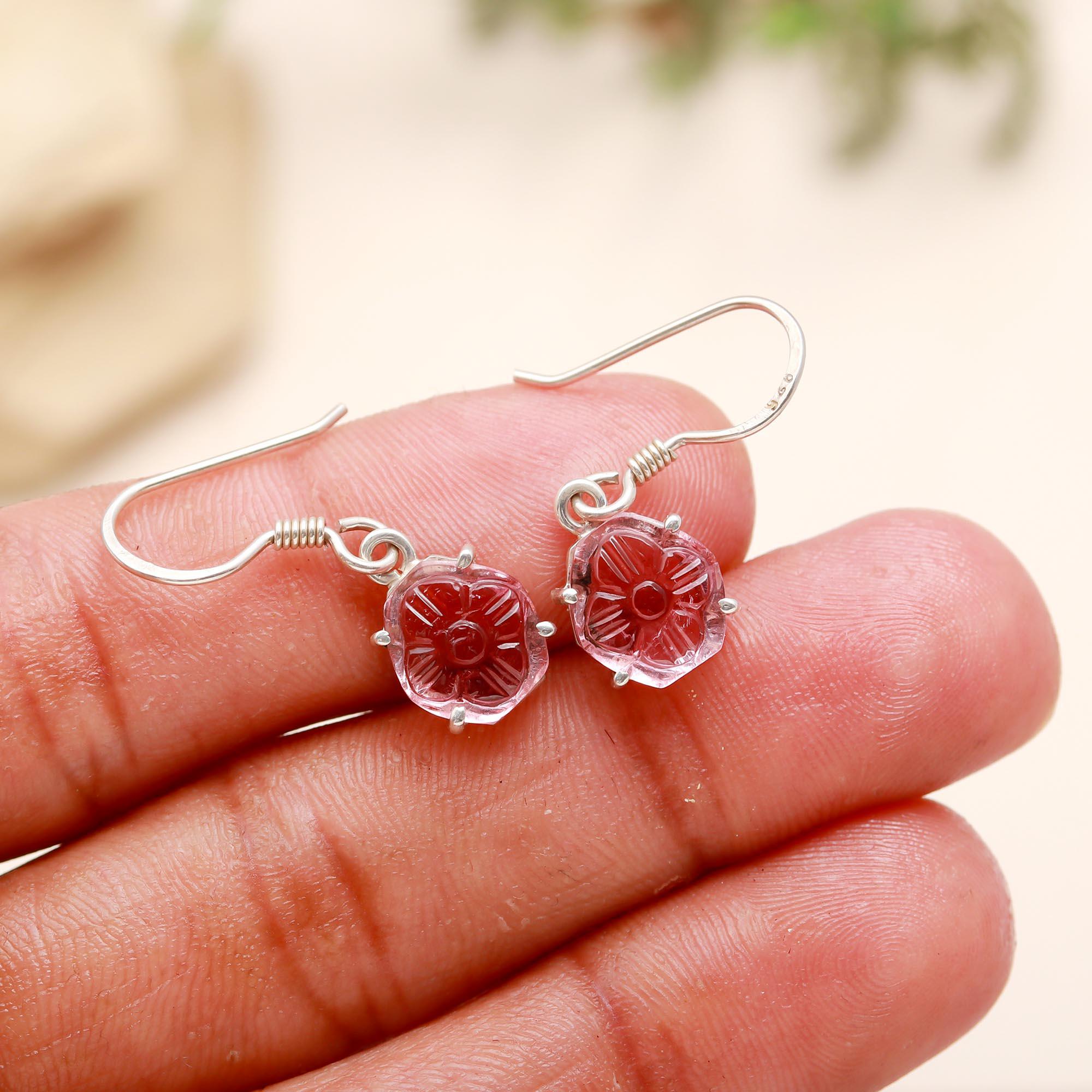 Carved Pink Tourmaline Flower Earrings – 925 Sterling Silver