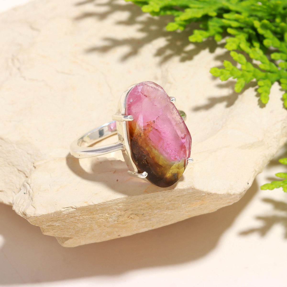 Light Pink & Green Tourmaline Flat Cut Ring – 925 Sterling Silver