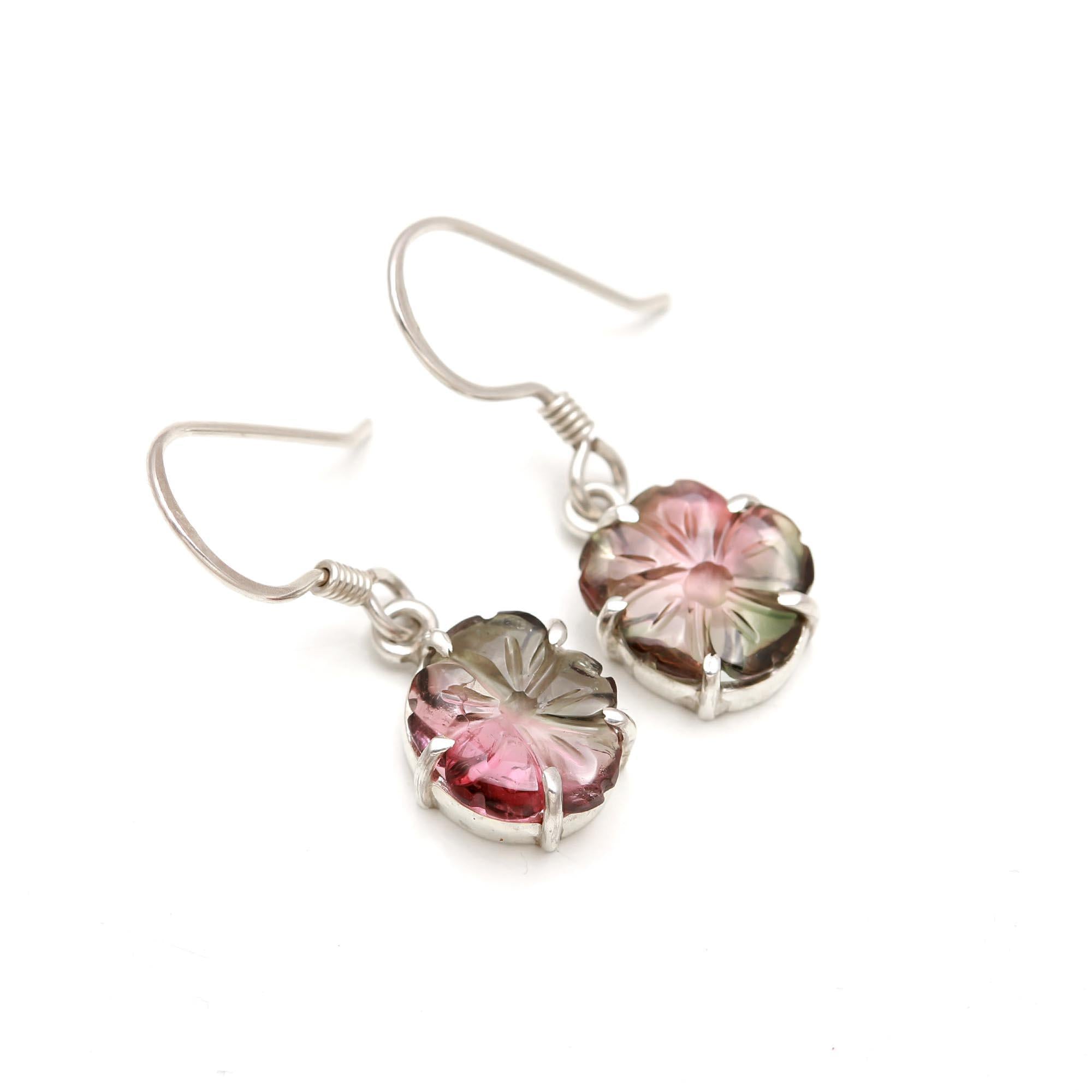Fine Quality Carved Tourmaline Flower Earrings – 925 Sterling Silver