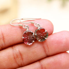 Fine Quality Carved Tourmaline Flower Earrings – 925 Sterling Silver