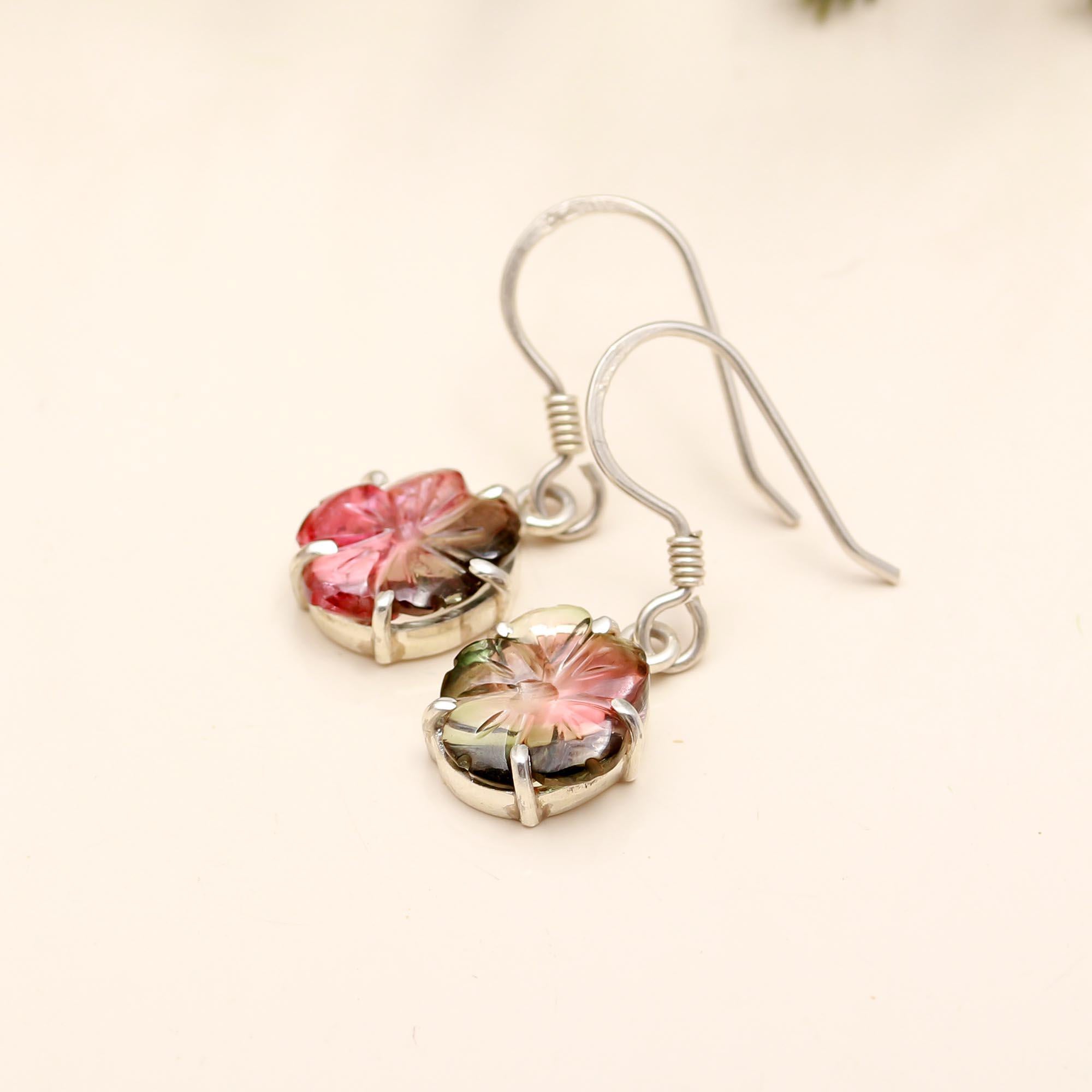 Fine Quality Carved Tourmaline Flower Earrings – 925 Sterling Silver