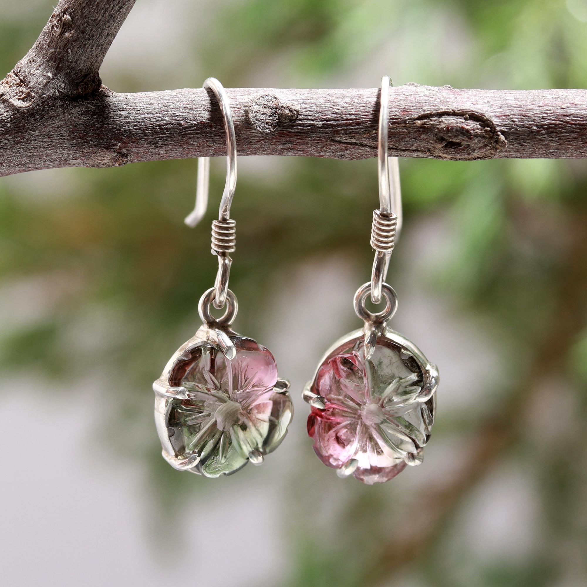 Fine Quality Carved Tourmaline Flower Earrings – 925 Sterling Silver