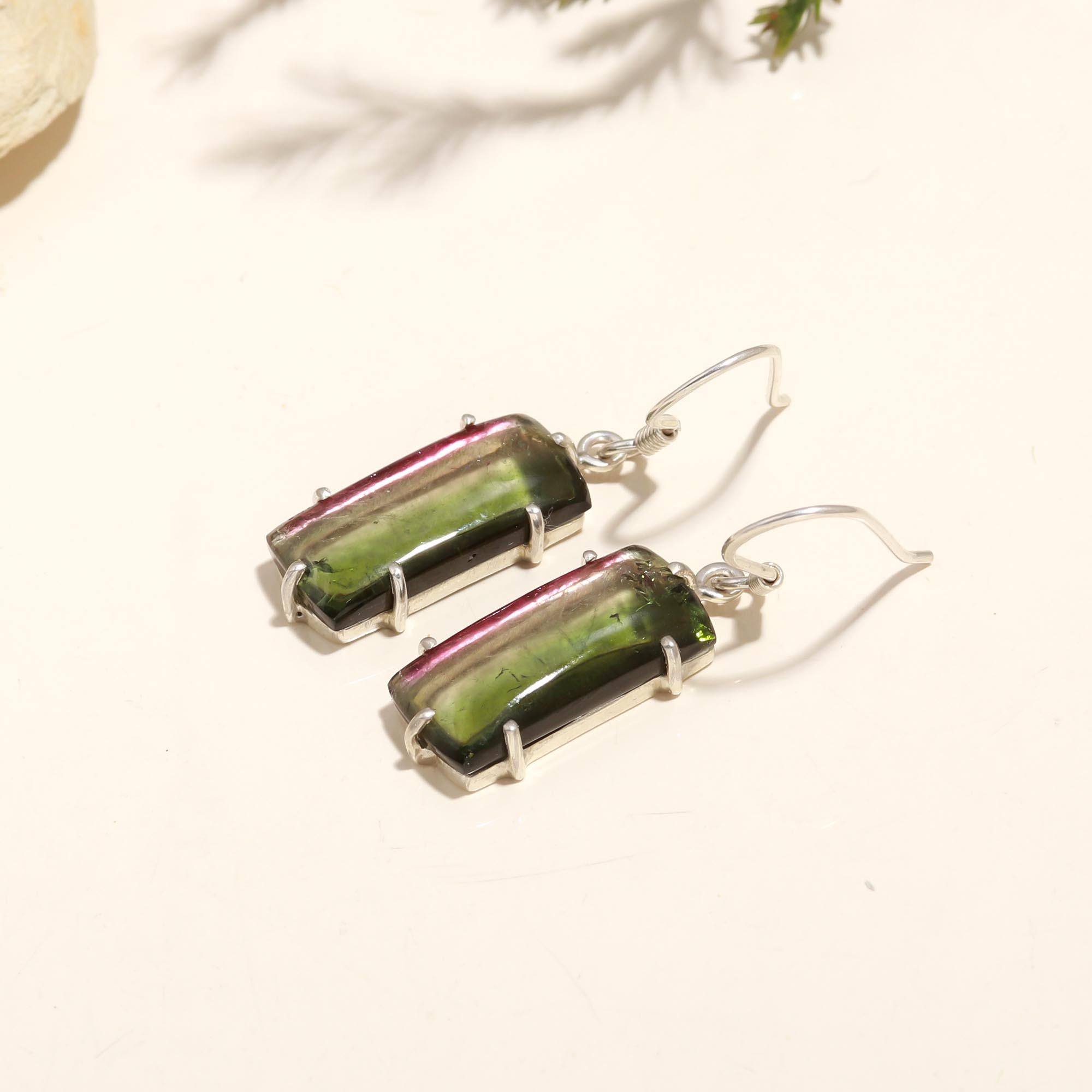 Long Bi-Color Tourmaline Earrings – 925 Sterling Silver
