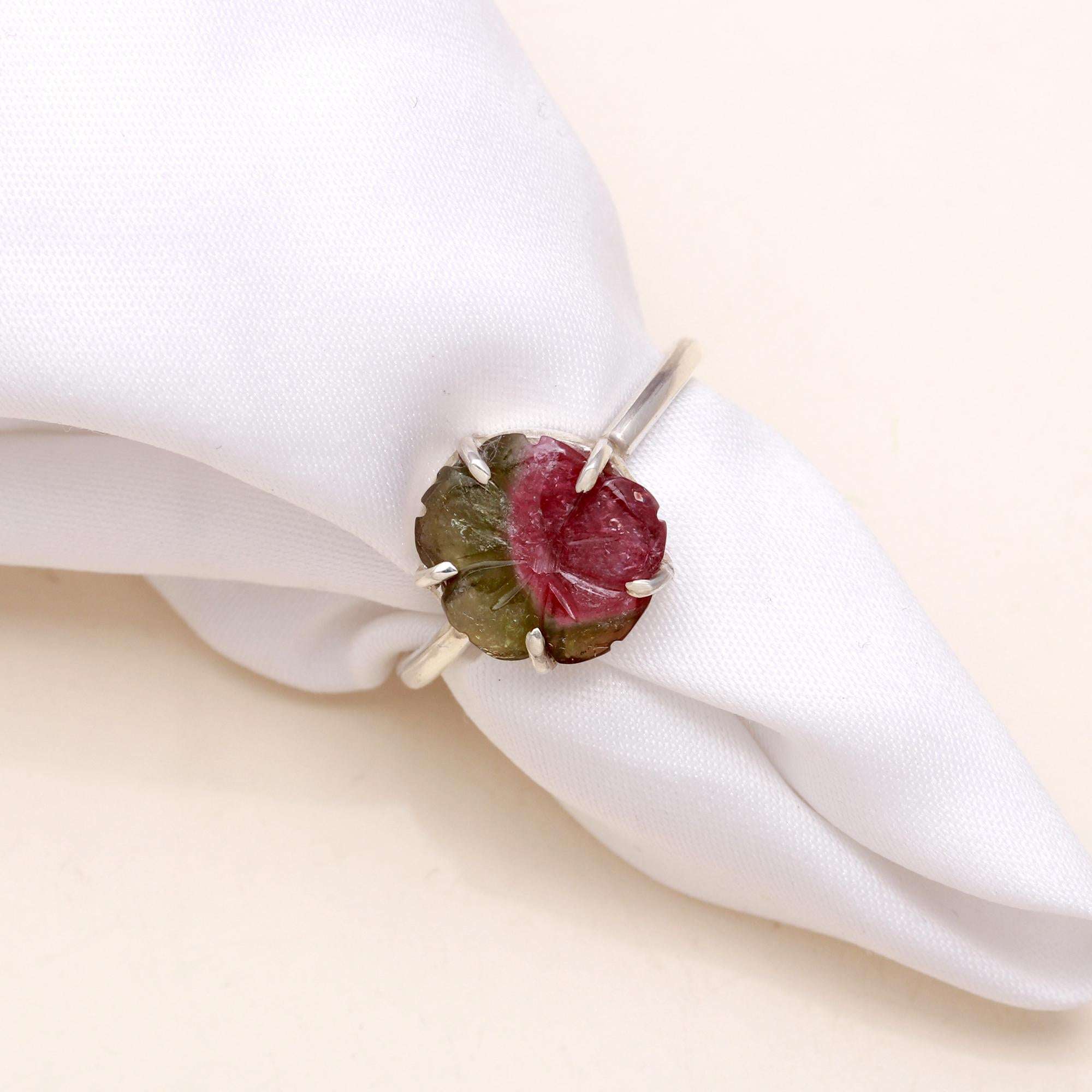 Carved Red & Green Tourmaline Flower Ring – 925 Sterling Silver