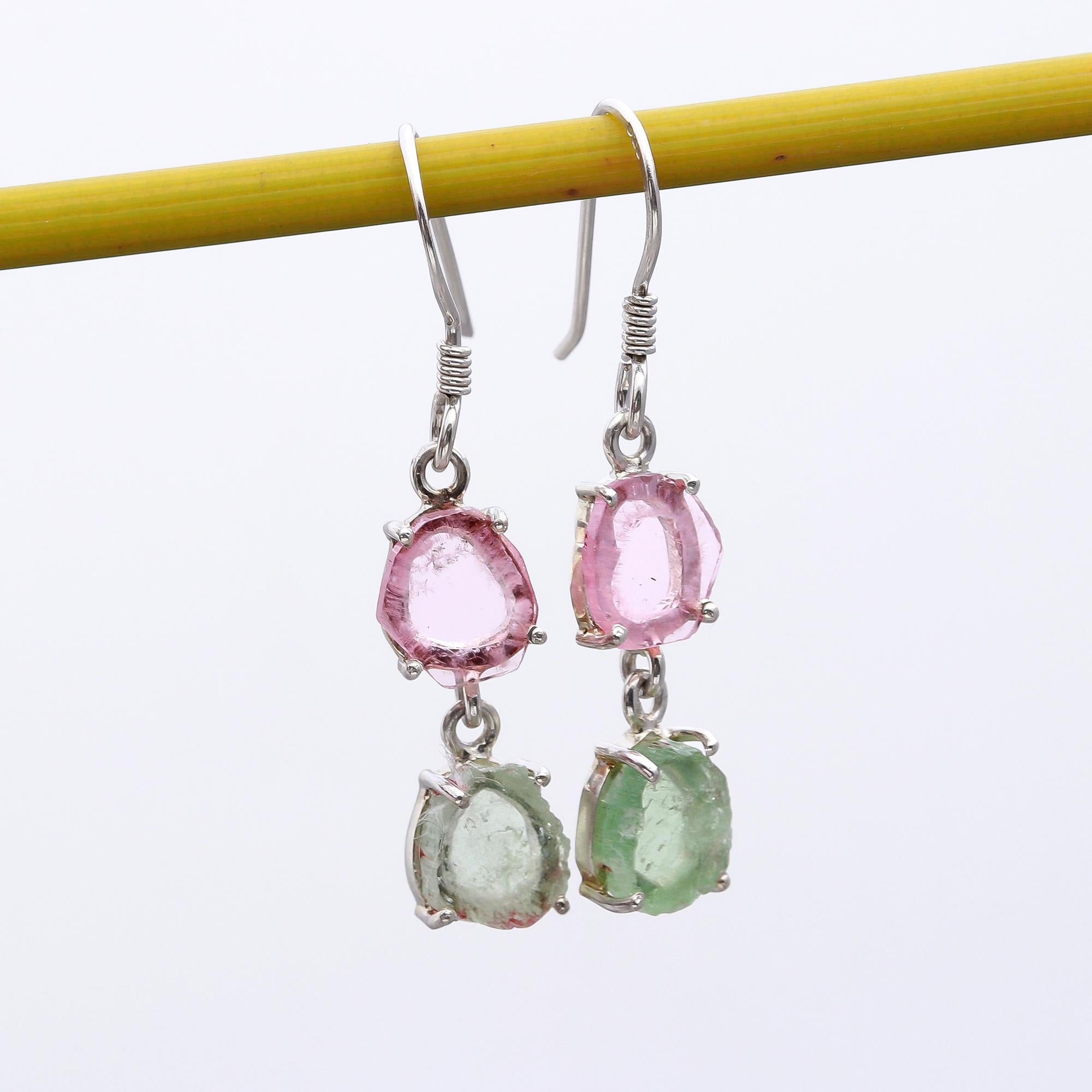Elegant Light Pink & Green Tourmaline Dangle Earrings