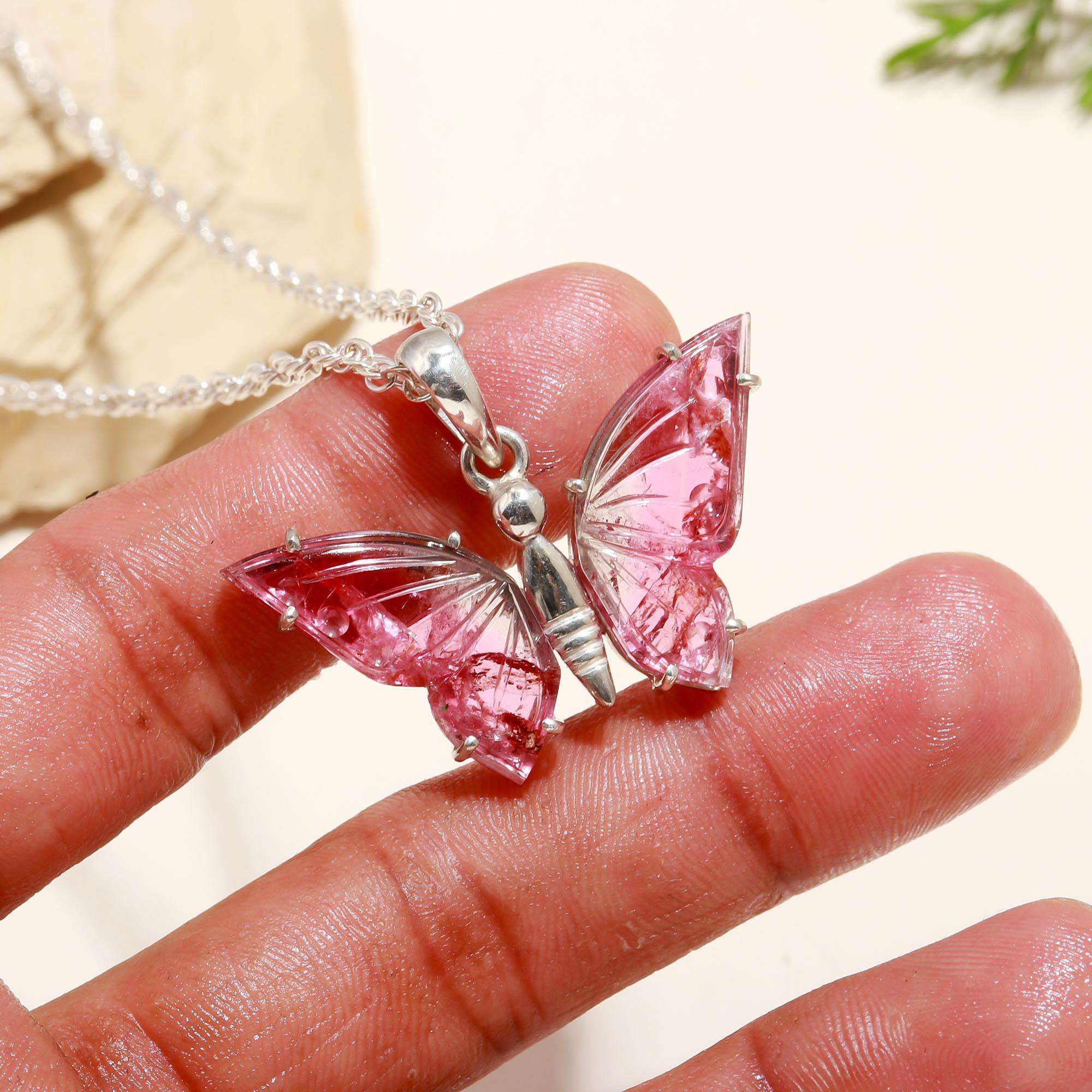 Pink Tourmaline Butterfly Pendant – 925 Sterling Silver