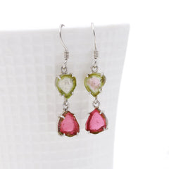 Exquisite Light Green & Red Tourmaline Drop Earrings