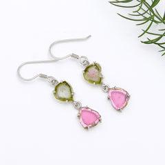 Exquisite Light Green & Red Tourmaline Drop Earrings