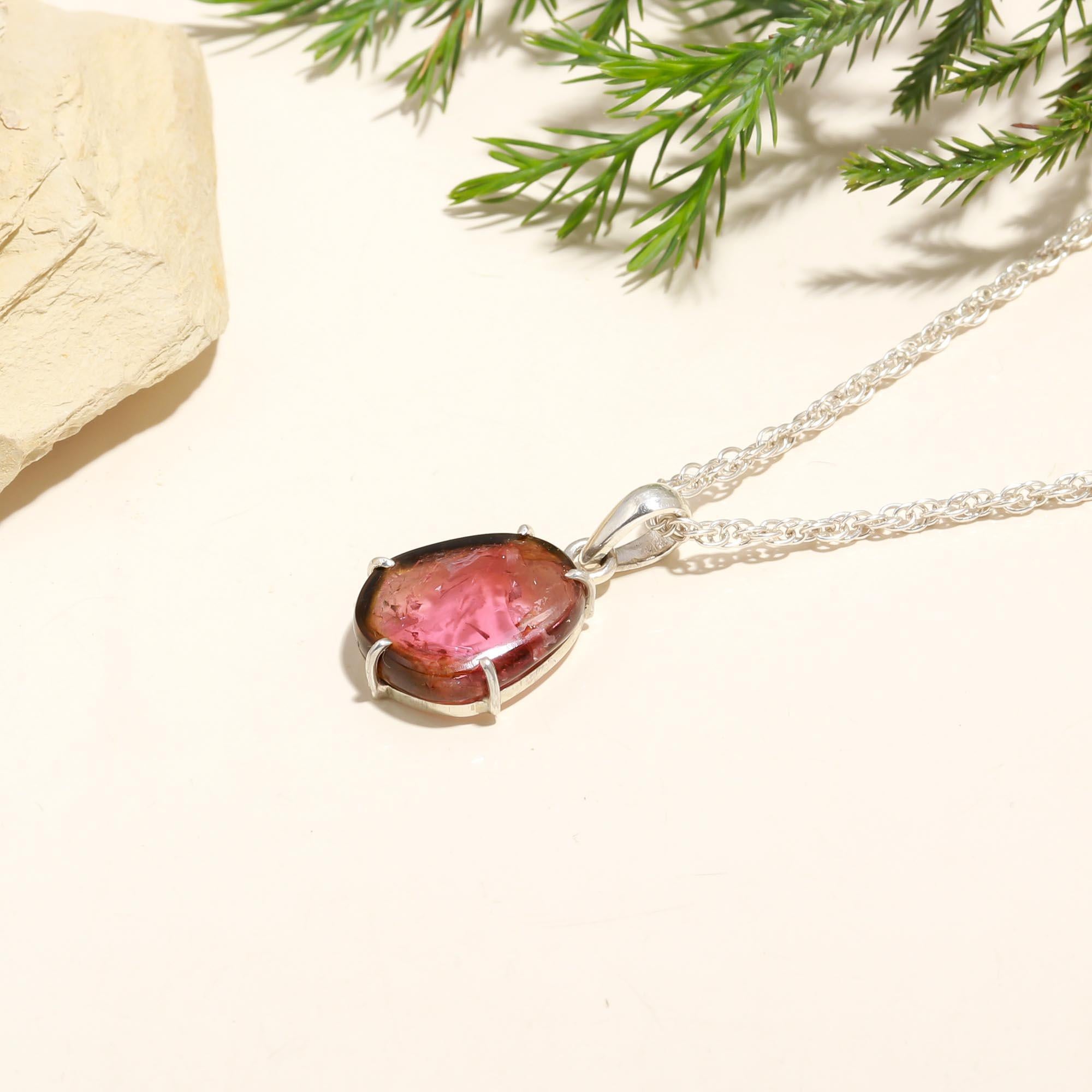 Pink-White Tourmaline Slice Pendant in 925 Sterling Silver