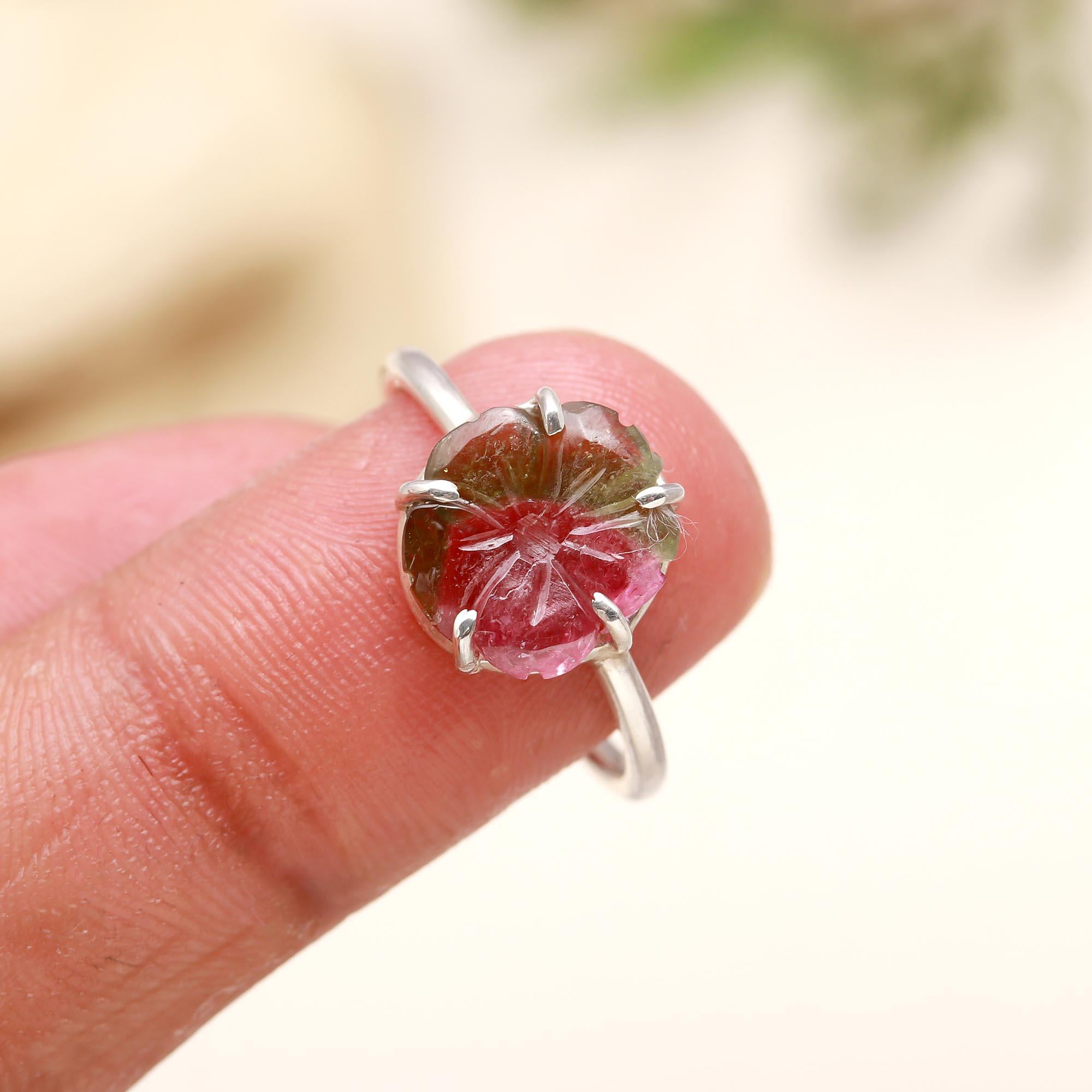 Carved Red & Green Tourmaline Flower Ring – 925 Sterling Silver