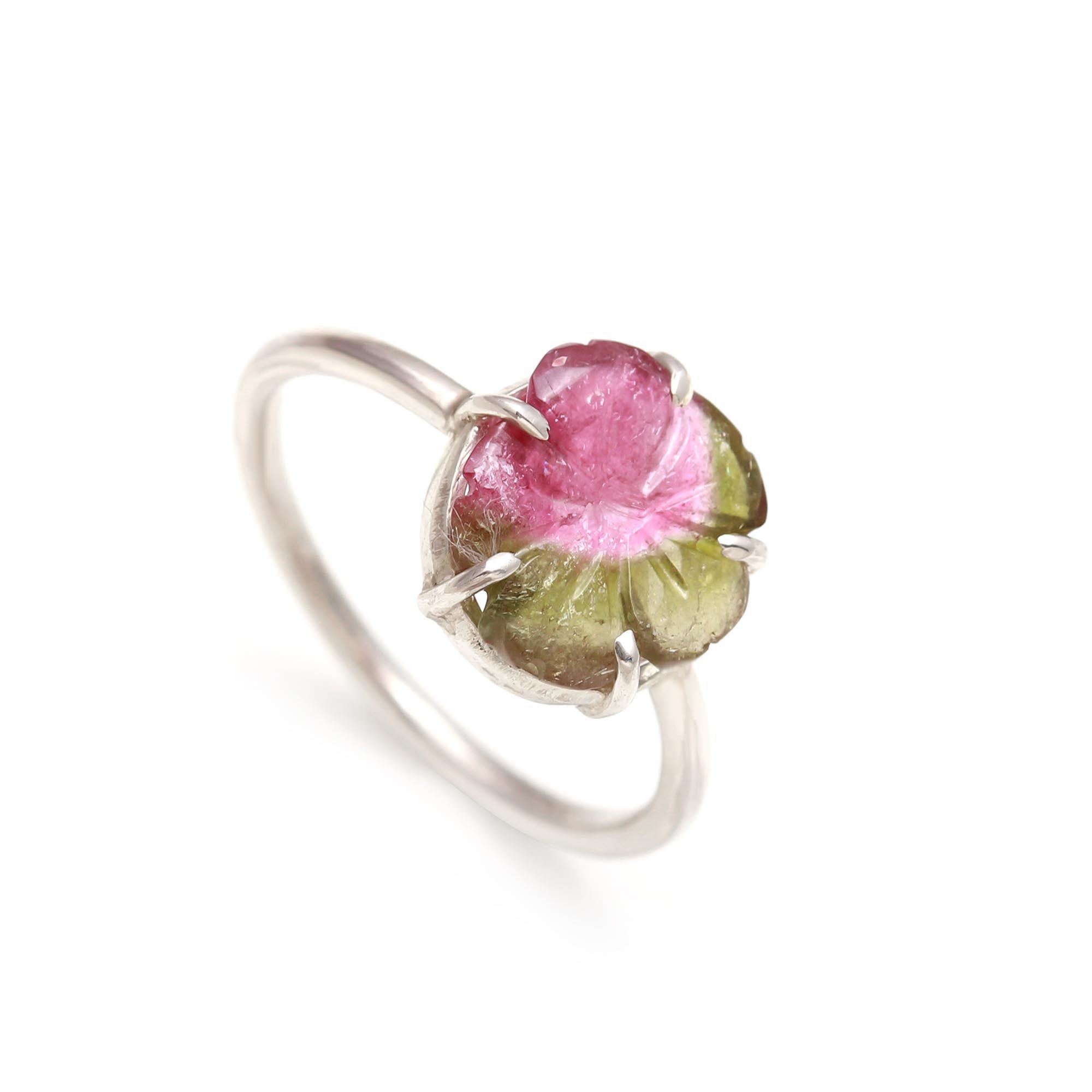 Carved Red & Green Tourmaline Flower Ring – 925 Sterling Silver
