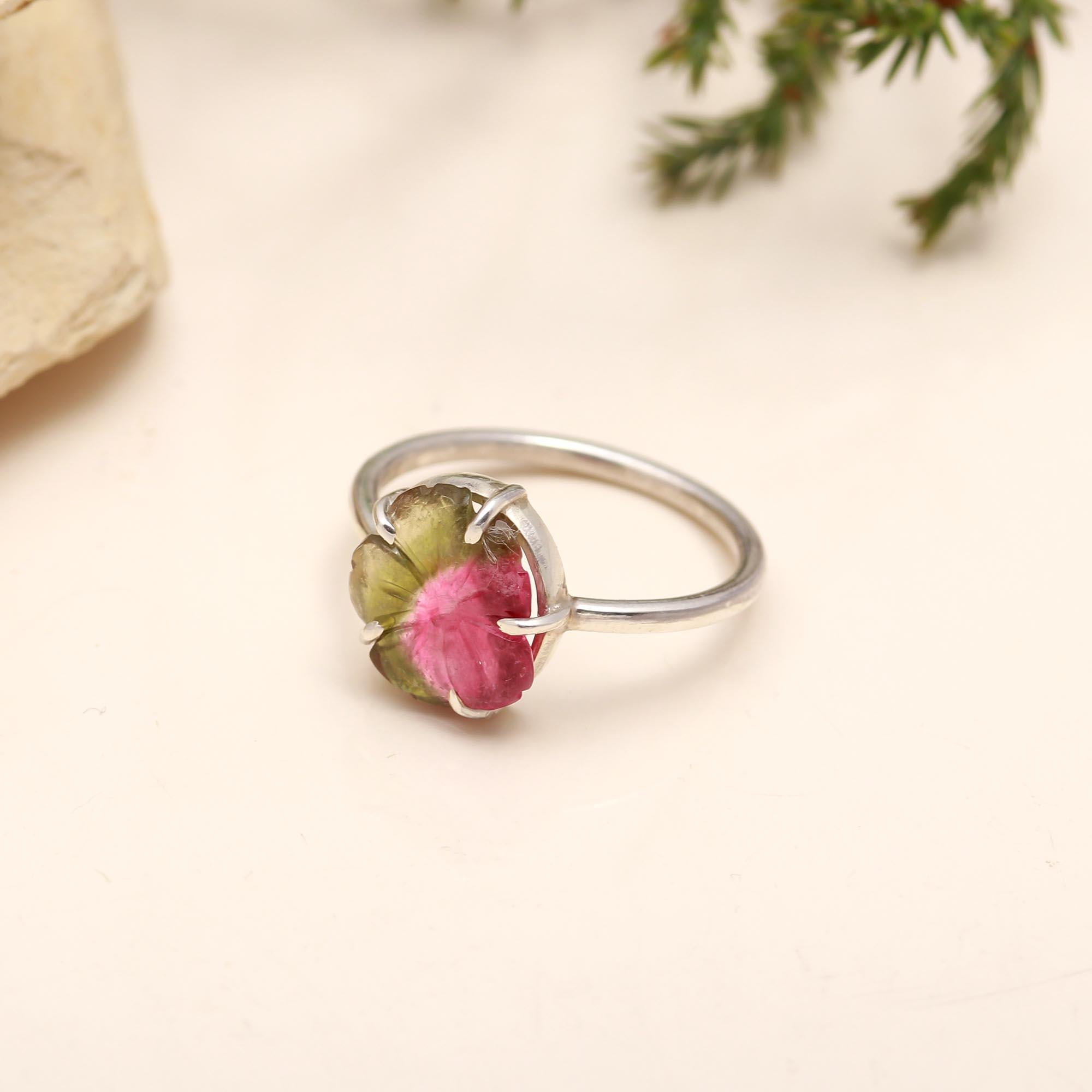 Carved Red & Green Tourmaline Flower Ring – 925 Sterling Silver