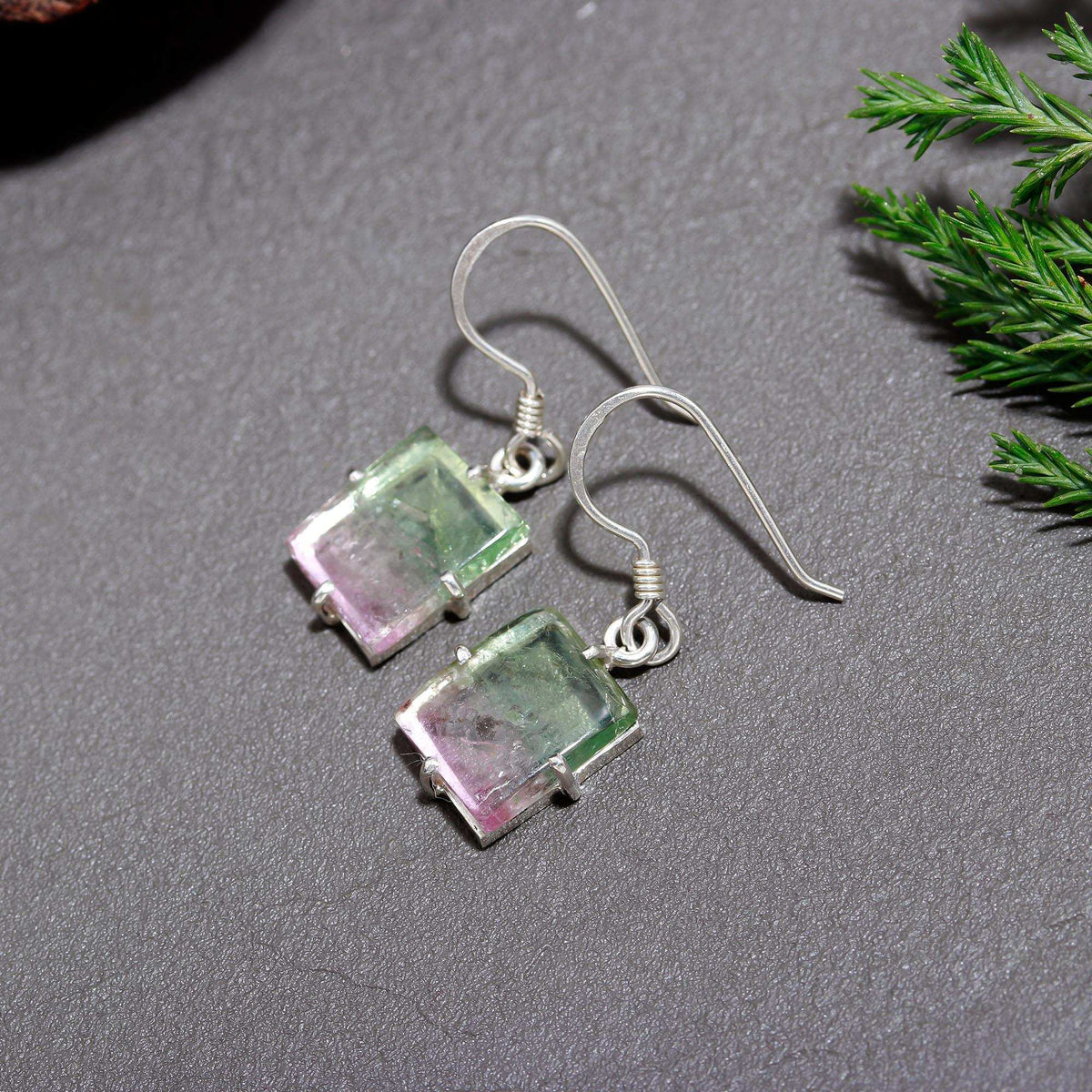 925 Sterling Silver Pink, White & Green Tourmaline Earrings