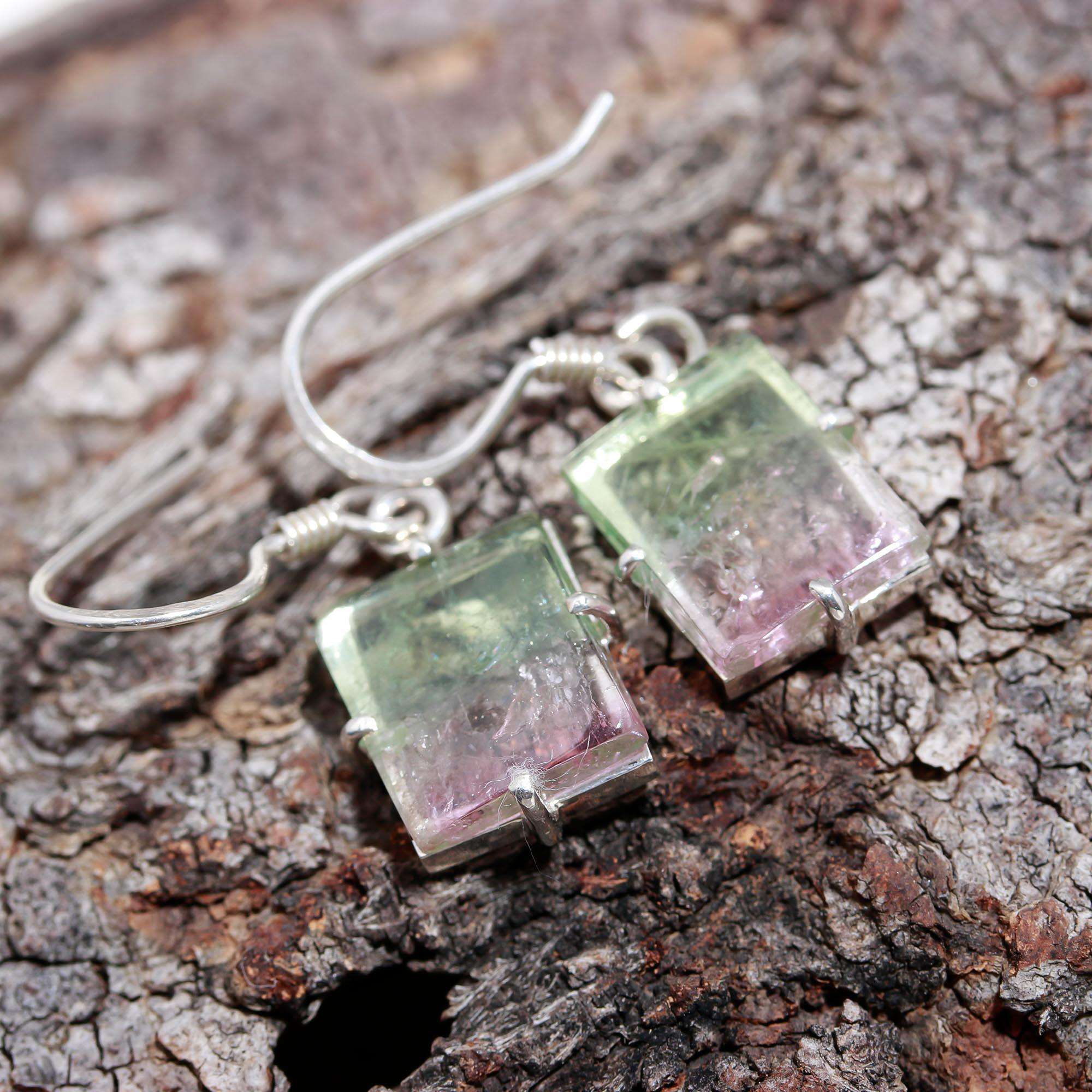 925 Sterling Silver Pink, White & Green Tourmaline Earrings