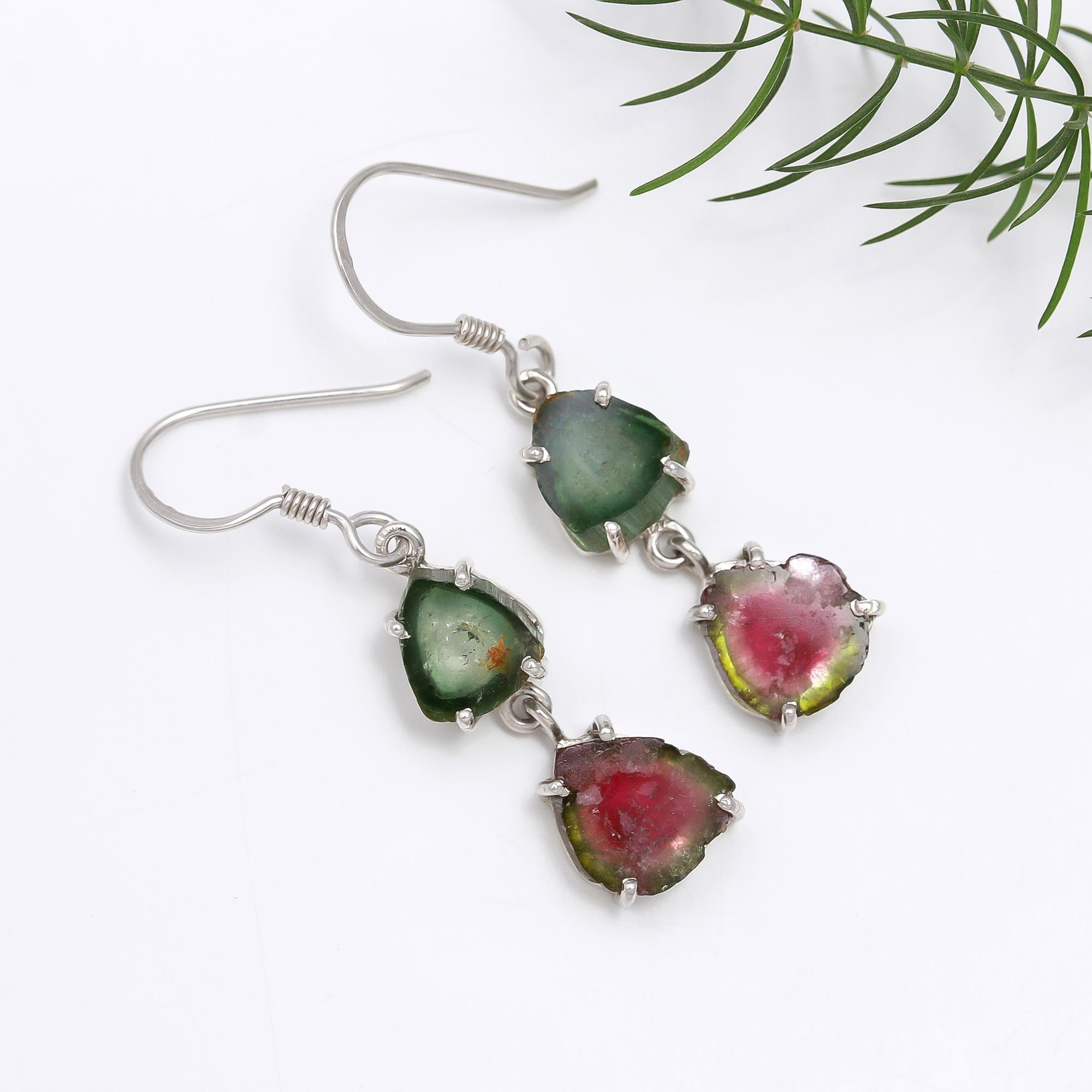 925 Sterling Silver Dark Green & Dark Pink Tourmaline Dangle Earrings